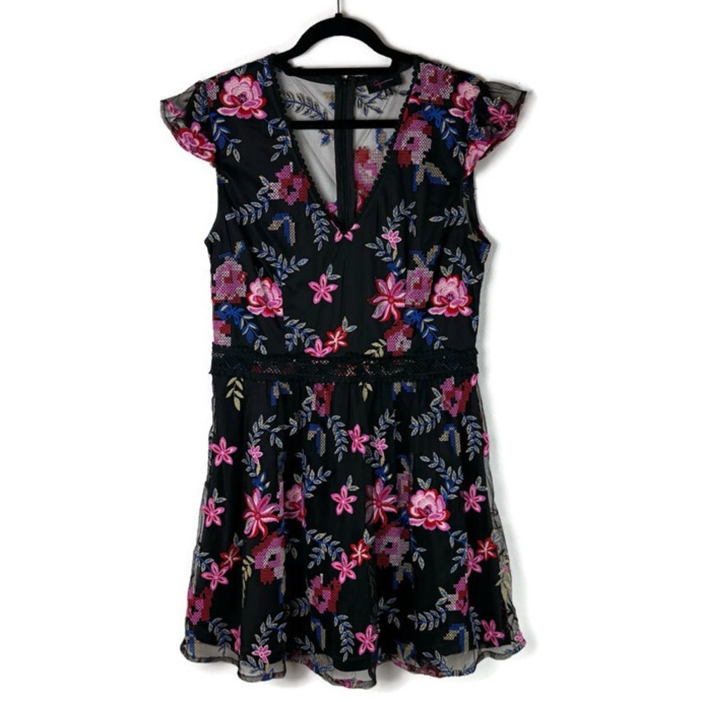 Aqua Embroidered Floral Sheer Lace Scallop Edge Mini Dress in Black/Multicolor